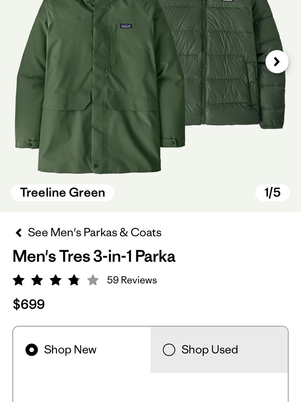 Patagonia Treeline Green Men's Tres 3-in-1 Parka